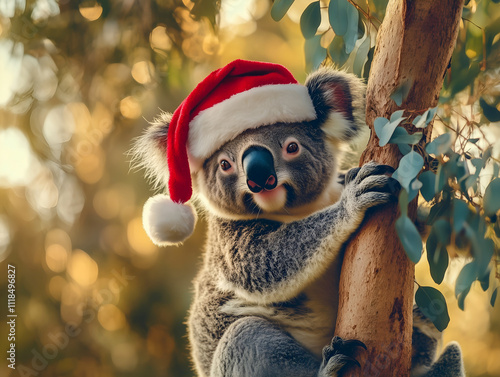 Süßer Koala mit Weihnachtsmütze auf einem Eukalyptusbaum photo