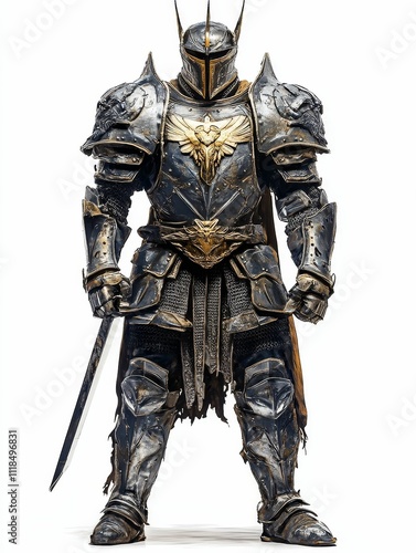 Dark, ornate armor; warrior; sword; white background.