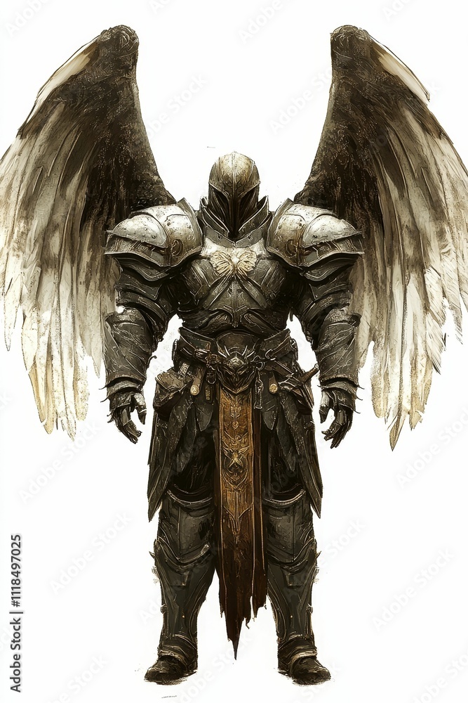 Fototapeta premium Armored winged figure; dark, imposing, powerful.