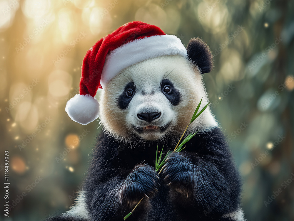 Lustiger Panda mit Weihnachtsmütze in einem Bambuswald Lustiger Panda mit Weihnachtsmütze in einem Bambuswald