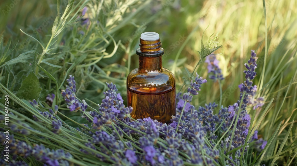 A glass bottle of essential oil surrounded by lavender flowers in a natural setting. A glass bottle of essential oil surrounded by lavender flowers in a natural setting.