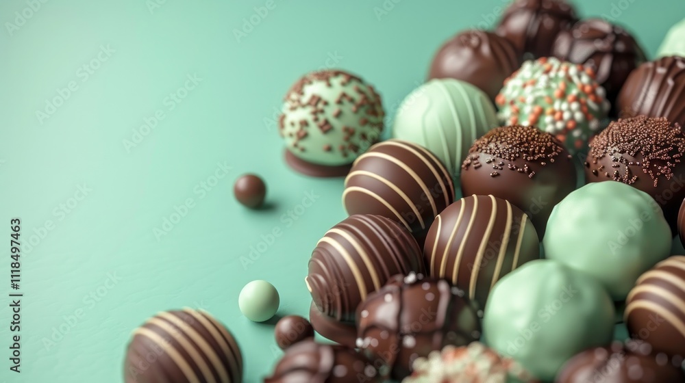 Variety of delectable chocolate truffles pralines and other artisanal candies arranged on a green background This image showcases the rich indulgent and diverse world of premium confectionery treats Variety of delectable chocolate truffles pralines and other artisanal candies arranged on a green background This image showcases the rich indulgent and diverse world of premium confectionery treats