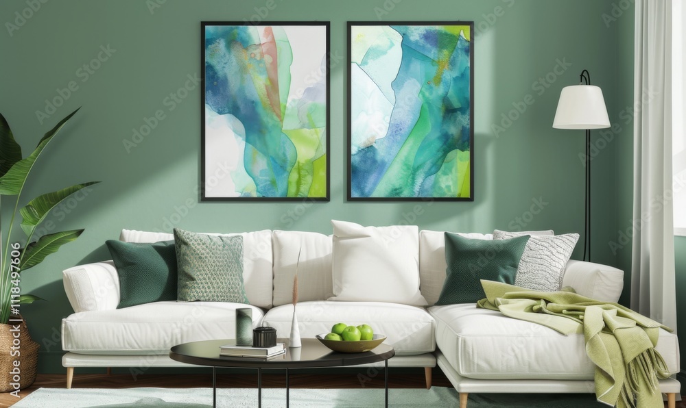 In a beautifully arranged living room, a cozy sofa adorned with pillows invites relaxation. Two abstract art picture frames enhance the ambiance, accentuating the soothing color palette of the walls In a beautifully arranged living room, a cozy sofa adorned with pillows invites relaxation. Two abstract art picture frames enhance the ambiance, accentuating the soothing color palette of the walls