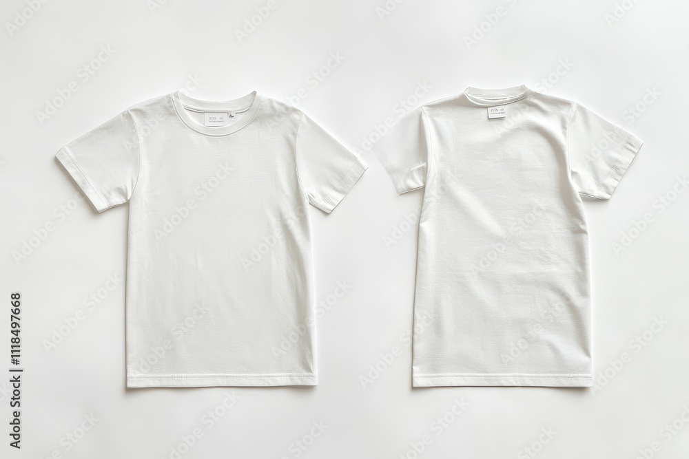 Two plain white t-shirts displayed from the front and back. Two plain white t-shirts displayed from the front and back.