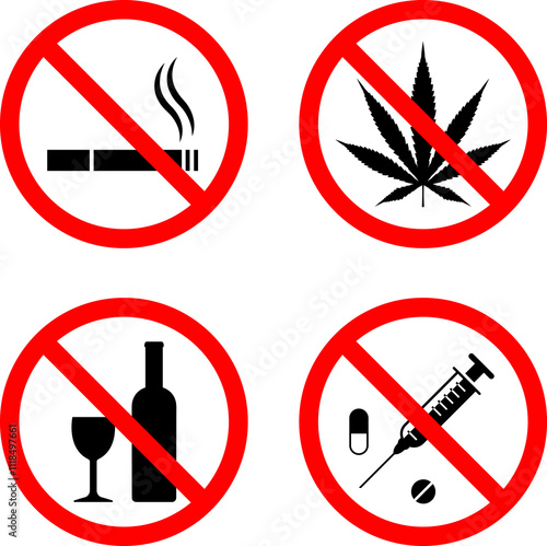 No smoking cigarettes, drinking alcohol, drugs and pills Black silhouette of the Icon sign. Addiction Prohibited Pictogram. Warning not narcotic. Doping Zone Red Stop symbol.