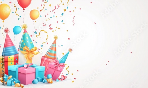 Happy birthday background with party hats, gifts, and confetti on a white background. 