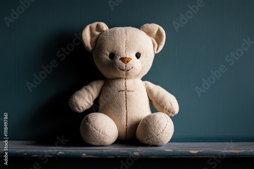 forgotten childhood toy, an abandoned teddy bear, once loved, now sits alone on a dusty shelf, its stitched eyes bearing witness to neglect photo