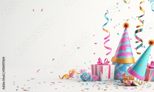Happy birthday background with party hats, gifts, and confetti on a white background. 