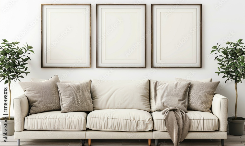 In a beautifully designed living room, three empty picture frames hang gracefully above a plush, inviting sofa adorned with soft pillows In a beautifully designed living room, three empty picture frames hang gracefully above a plush, inviting sofa adorned with soft pillows
