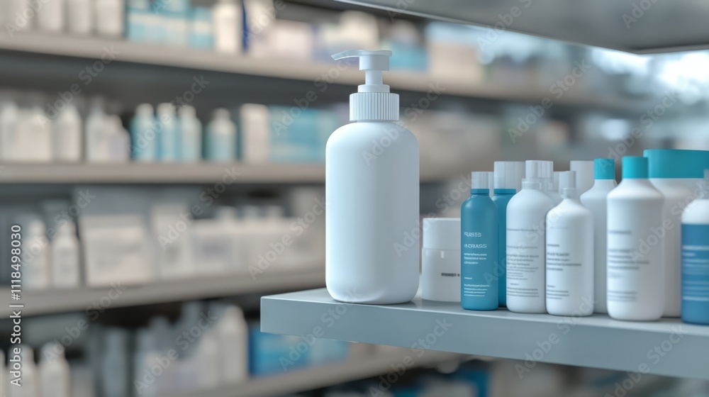 White bottles of lotion and other toiletries on shelf in pharmacy. White bottles of lotion and other toiletries on shelf in pharmacy.