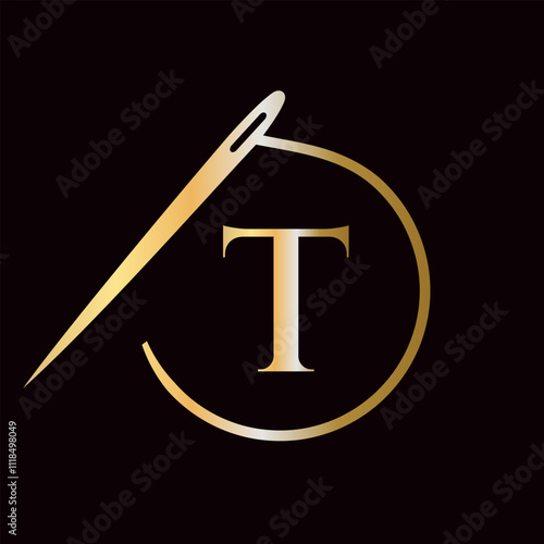 Letter T Tailor Logo, Needle and Thread Logotype for Garment, Embroider, Textile, Fashion, Cloth, Fabric Sign