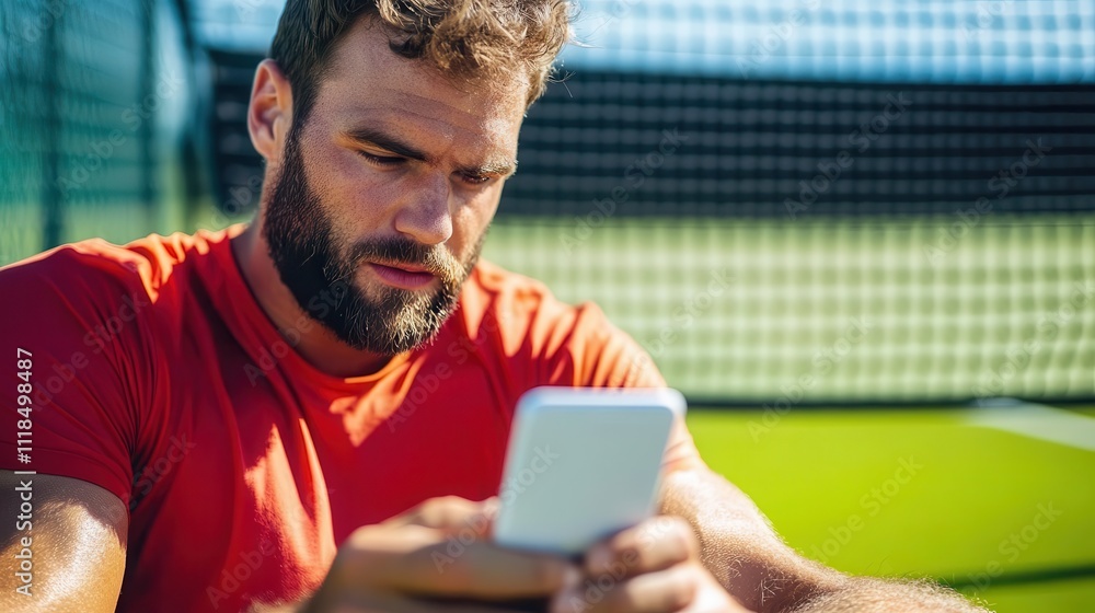 A determined tennis player is seen courtside, checking his smartphone, possibly analyzing strategies during a break in an intense match under bright daylight. A determined tennis player is seen courtside, checking his smartphone, possibly analyzing strategies during a break in an intense match under bright daylight.