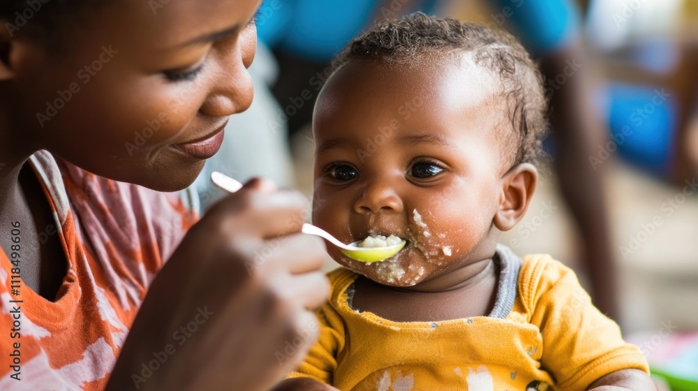 A mother feeds her baby, showcasing a moment of care and nourishment. A mother feeds her baby, showcasing a moment of care and nourishment.