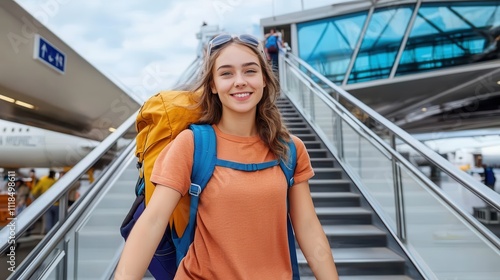 A smiling woman with a blue backpack stands confidently at the entrance of a busy airport, showcasing her adventurous spirit amid bustling travelers and a bright atmosphere. photo