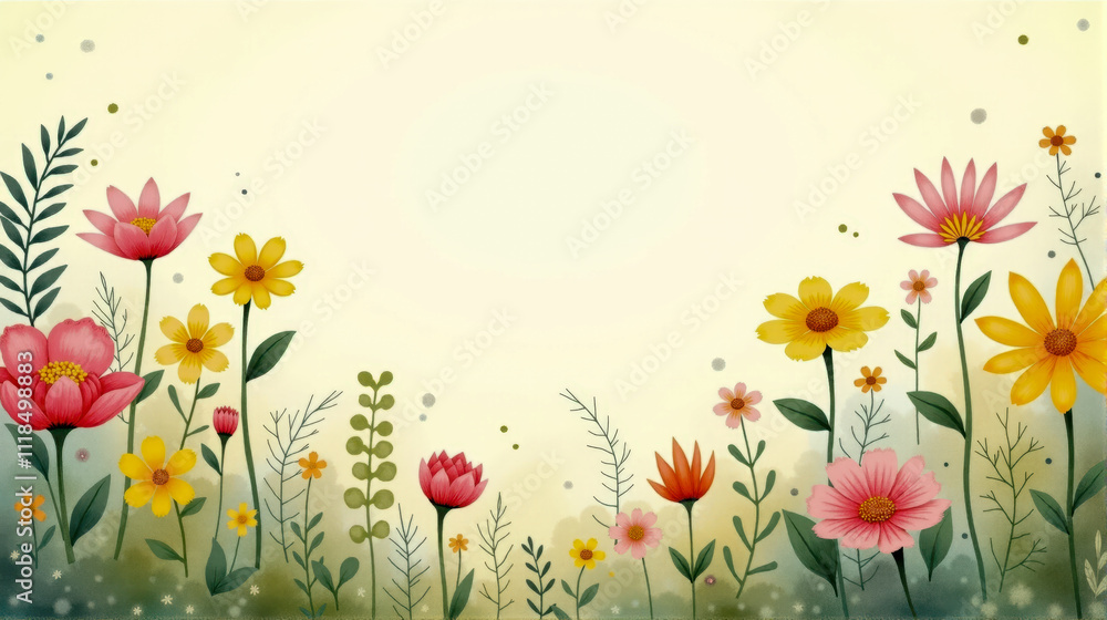 Obraz premium Colorful watercolor painting of flowers blooming in a serene meadow with soft hues and gentle ambiance