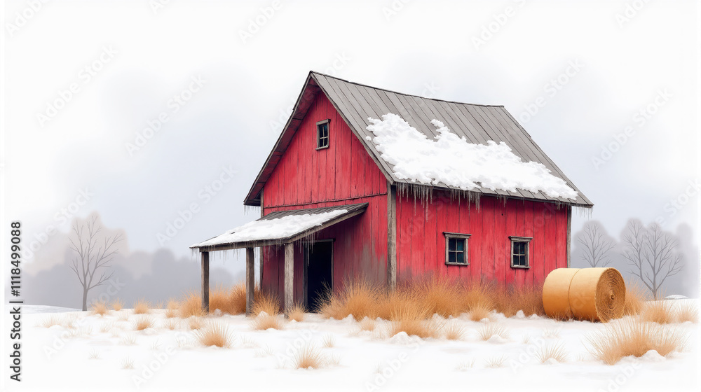Wintery farm setting showcasing a red barn surrounded by snow and hay bales on a tranquil afternoon Wintery farm setting showcasing a red barn surrounded by snow and hay bales on a tranquil afternoon