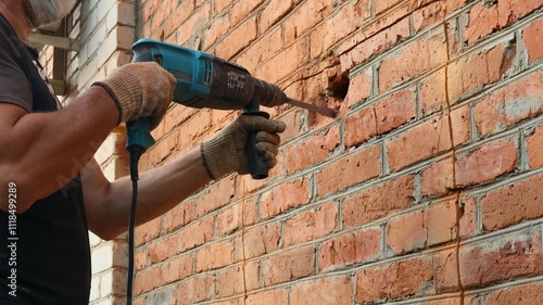 a hard worker in a black T-shirt and a blue protective mask with a pneumatic hammer hammering a red brick wall, punching a hole in the brickwork of a house wall with a drill