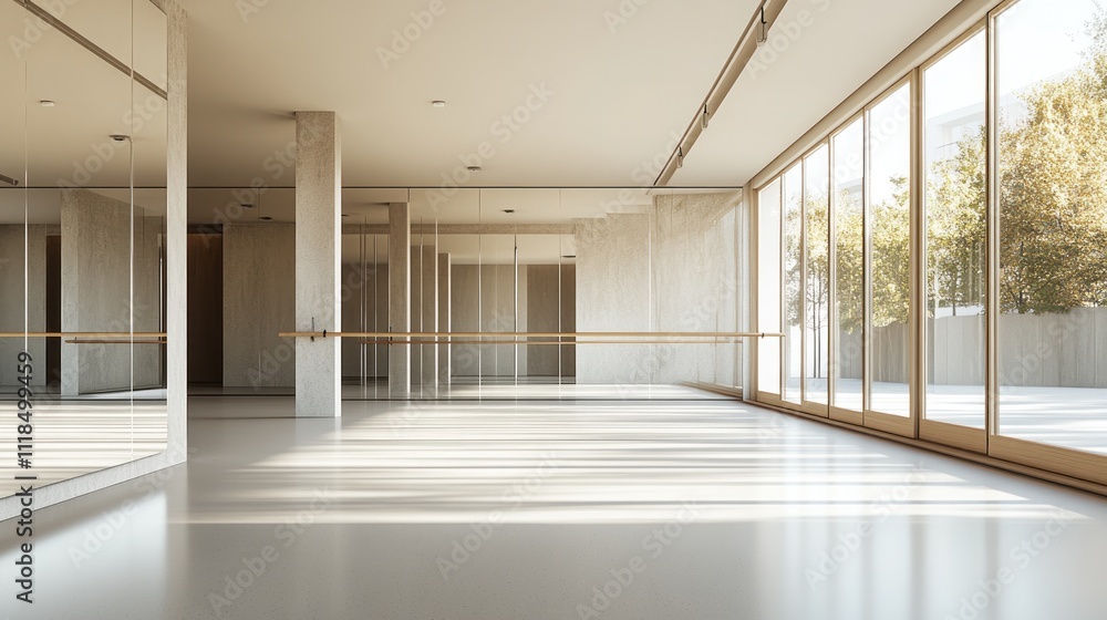 Obraz premium Sunlit spacious dance studio with mirrors and barre.