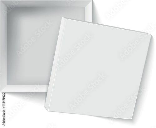 Realistic 3d vector illustration of a white square cardboard box opening, presented in a top view perspective, ideal for showcasing packaging designs