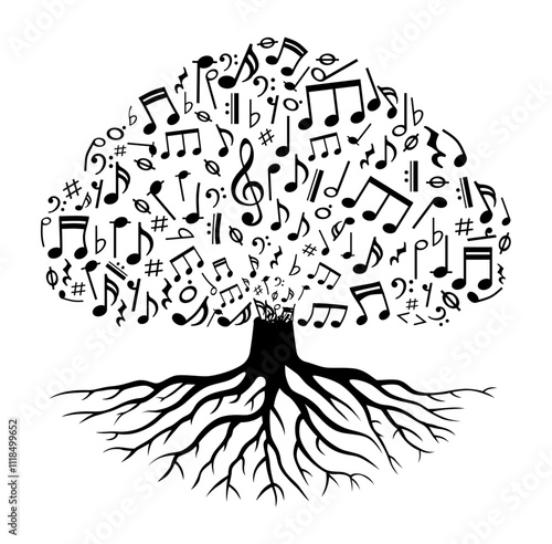 Tree with music note, music tree with flying musical notes, music sound, tune bass treble