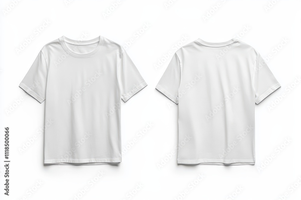 A plain white t-shirt displayed from front and back views for design purposes. A plain white t-shirt displayed from front and back views for design purposes.