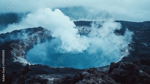 Volcanic crater with blue lake and steam.