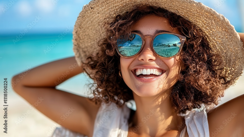 A carefree woman with curly hair in a straw hat and sunglasses smiles brilliantly, soaking in the joy of a sunny beach with the ocean stretching behind her. A carefree woman with curly hair in a straw hat and sunglasses smiles brilliantly, soaking in the joy of a sunny beach with the ocean stretching behind her.