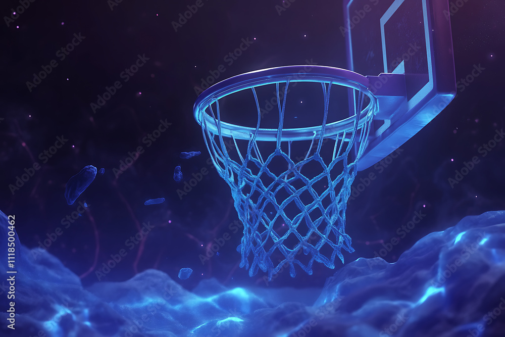 A glowing basketball hoop surrounded by an ethereal, cosmic environment. A glowing basketball hoop surrounded by an ethereal, cosmic environment.