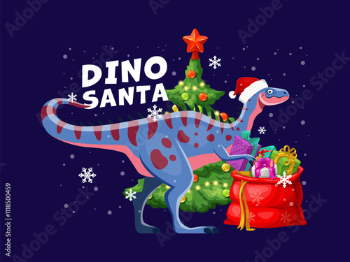 Christmas dinosaur greeting card with playful Alectrosaurus dino wearing a Santa hat, delivering gifts by a Christmas tree. Cartoon vector festive prehistoric animal exudes cheer and holiday greetings