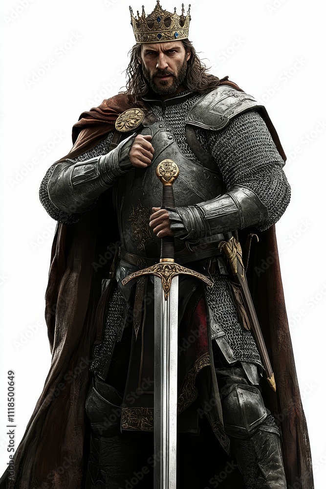 King, armored, sword, crown, regal cloak. King, armored, sword, crown, regal cloak.
