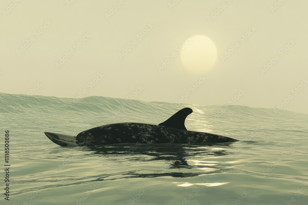 Fototapeta premium A serene scene of a dolphin swimming in calm waters at sunset.