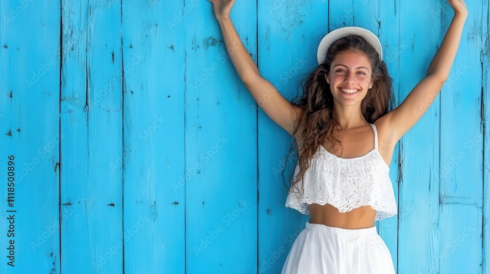 A joyful woman in a hat and white attire stands cheerfully with her arms up against a bright blue wooden background, radiating happiness and energy. A joyful woman in a hat and white attire stands cheerfully with her arms up against a bright blue wooden background, radiating happiness and energy.