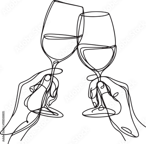 Elegant Line Drawing of Hands Clinking Wine Glasses on White Background