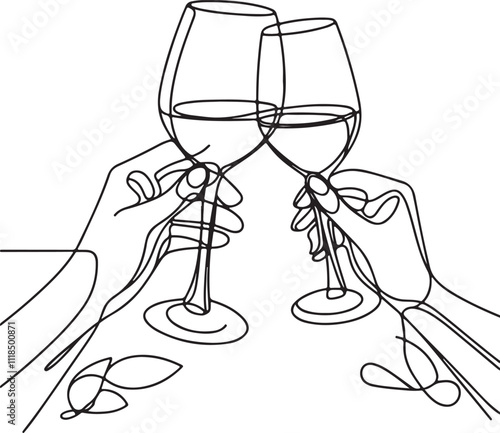 Elegant Line Drawing of Hands Clinking Wine Glasses on White Background