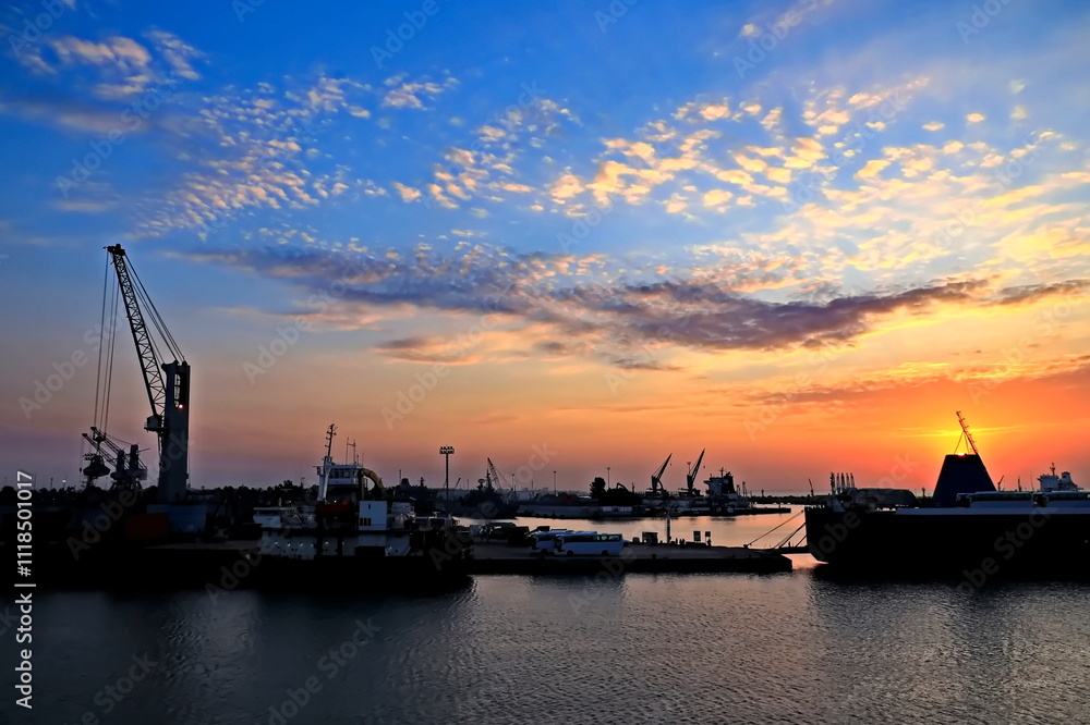 Sunset. Sunrise. Night views of ships and berths in the port. 2024. Sunset. Sunrise. Night views of ships and berths in the port. 2024.