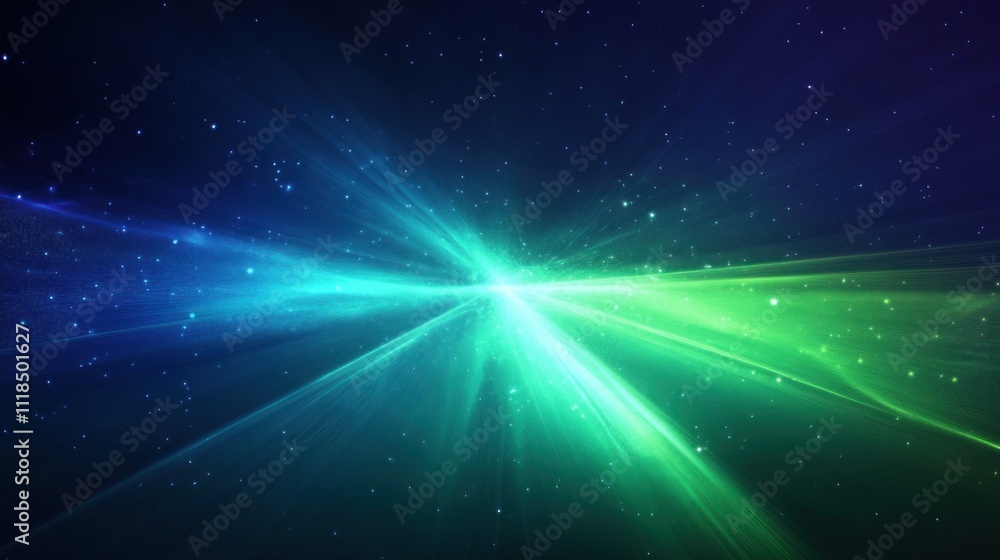 Obraz premium Abstract cosmic rays burst, teal green light beams, dark blue background, glowing particles.