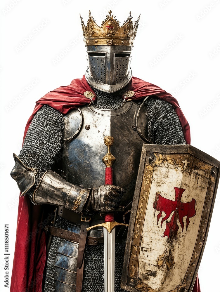 Fototapeta premium Crowned knight, armor, sword, shield, red cloak.