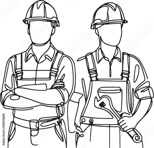 Male and Female Construction Workers with Helmets Continuous Single Line Art Illustration