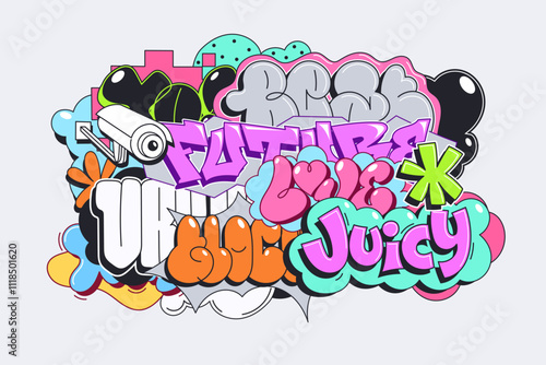 Abstract colorful background with many graffiti pieces and doodles in different styles. Vector graffiti wall isolated on white. Urban art.
