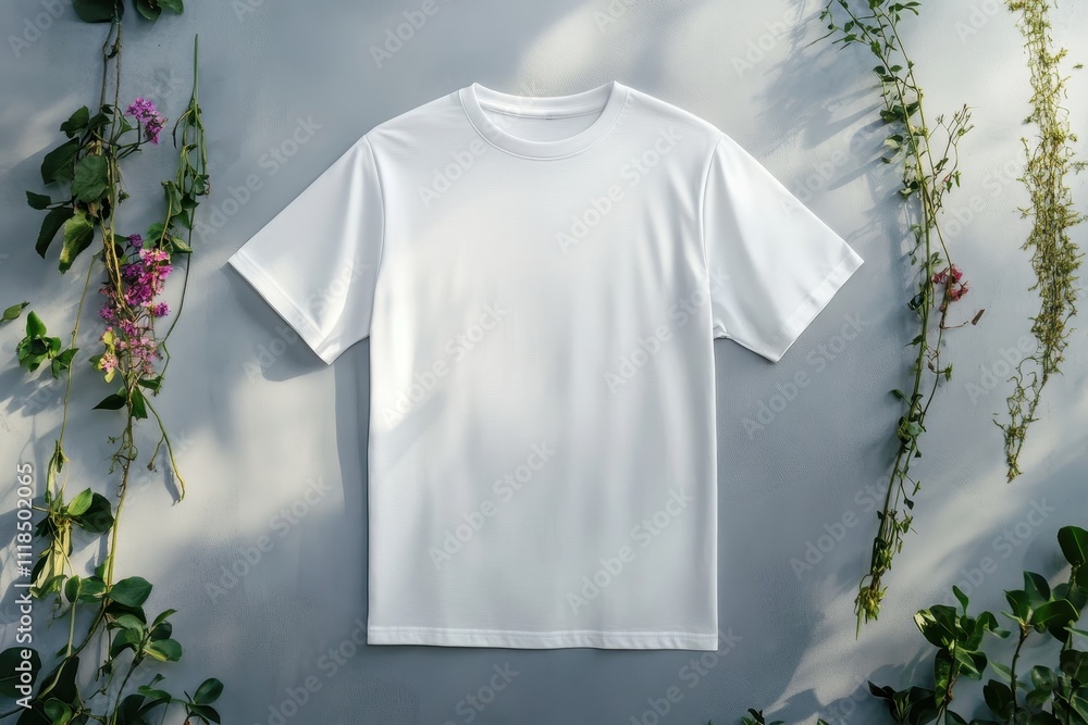 A plain white t-shirt displayed against a gray background with greenery. A plain white t-shirt displayed against a gray background with greenery.