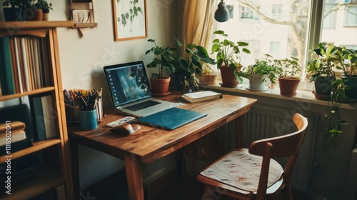 Cozy home office with laptop, plants, and books.