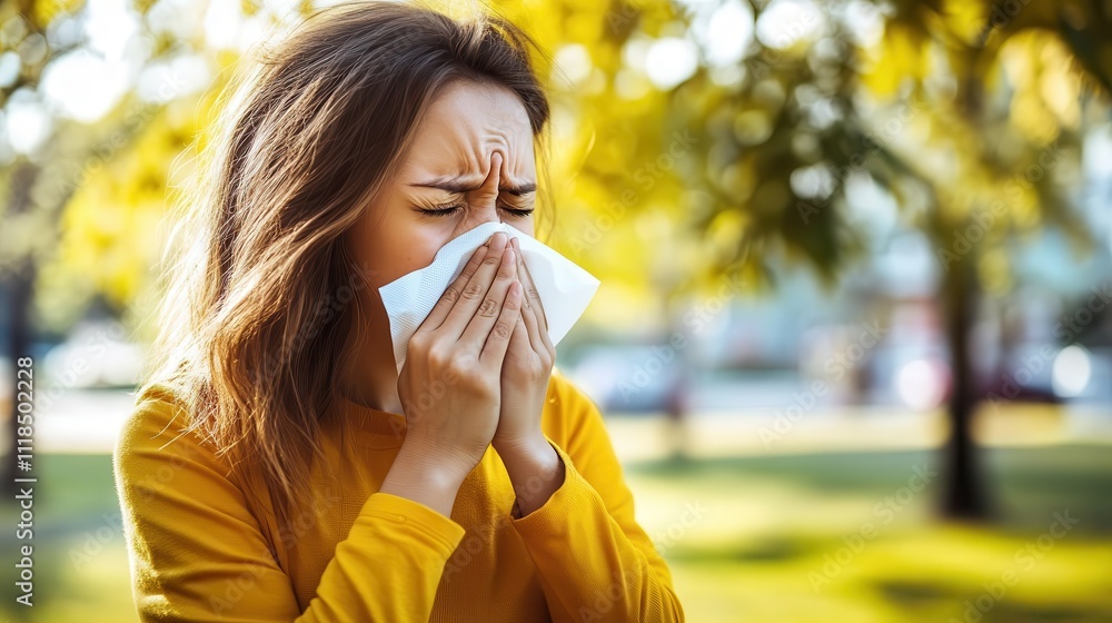 A woman in a yellow sweater sneezes into a tissue in a sunny park. The autumn leaves create a warm ambiance, highlighting seasonal allergies and nature's beauty. A woman in a yellow sweater sneezes into a tissue in a sunny park. The autumn leaves create a warm ambiance, highlighting seasonal allergies and nature's beauty.