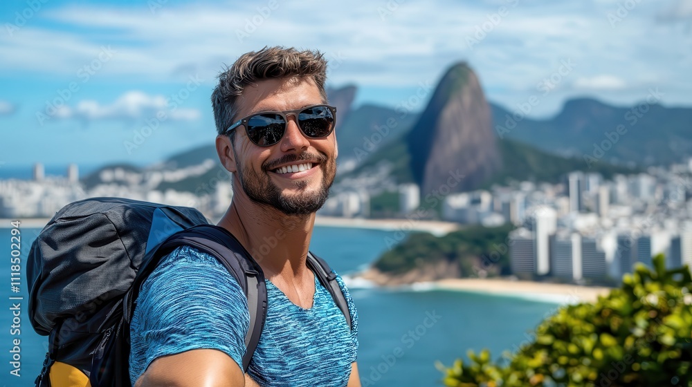 A happy traveler with open arms and a backpack gestures towards a scenic seaside backdrop, encompassing the essence of travel and unbound joy on a sunny day. A happy traveler with open arms and a backpack gestures towards a scenic seaside backdrop, encompassing the essence of travel and unbound joy on a sunny day.