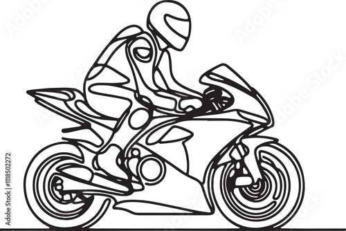 Rider on Racing Motorcycle with Helmet Detailed Line Drawing on White Background