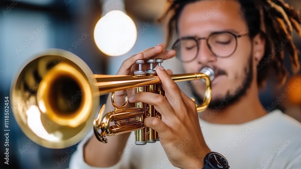 Obraz premium A focused man with glasses and dreadlocks plays the trumpet indoors, creating an impression of passion, energy, and joy in his musical expression.