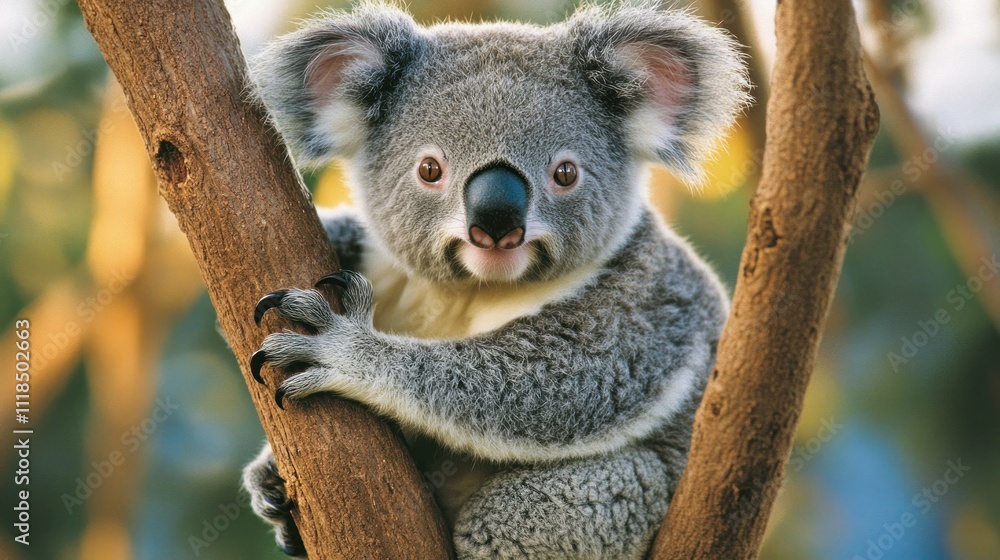 Obraz premium A koala clings to a tree branch, showcasing its fluffy fur and curious expression.