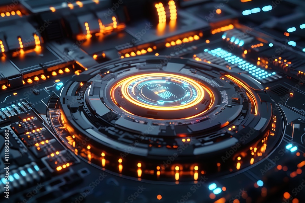 Concept CPU microchip for ai and data network. Close-up view of modern chip gpu card with neon lights