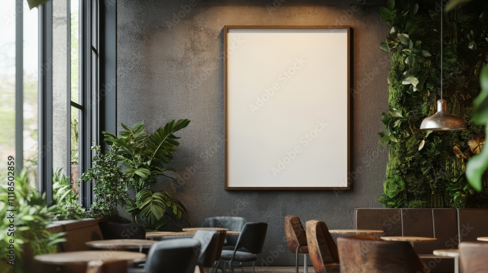 Blank poster on wall in modern cafe with plants. Blank poster on wall in modern cafe with plants.
