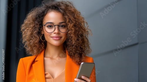 A confident young lady in an orange jacket poses with her phone, capturing the essence of style, digital communication, and modern fashion trends. photo