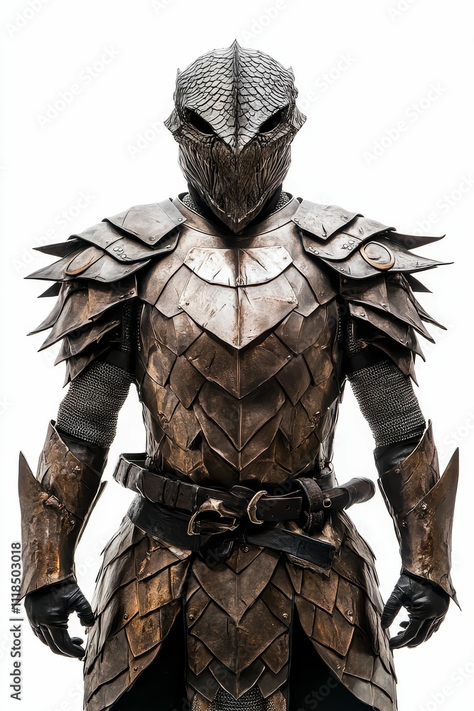 Dark, scaled armor; imposing figure; medieval fantasy. Dark, scaled armor; imposing figure; medieval fantasy.